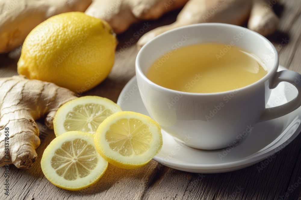 Fresh ginger tea in white cup with sliced lemon on wooden table Fresh ginger tea in white cup with sliced lemon on wooden table