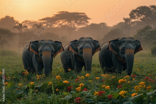 Three elephants stand in a field with flowers trees and a hazy sky.