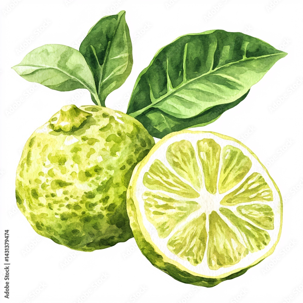 Watercolor Illustration of a Bergamot Citrus Fruit with Lush Green Leaves Watercolor Illustration of a Bergamot Citrus Fruit with Lush Green Leaves