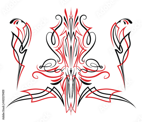 Red and Black Pinstriping art old school motorcycle and car illustration