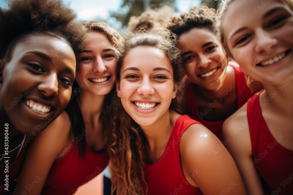 Fototapeta premium Portrait of a young female basketball players smiling and posing for a team photo on the basketball court