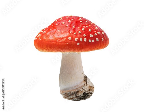 bright red poisonous mushroom amanita muscaria with white spots, detailed wild fungus on isolated background
