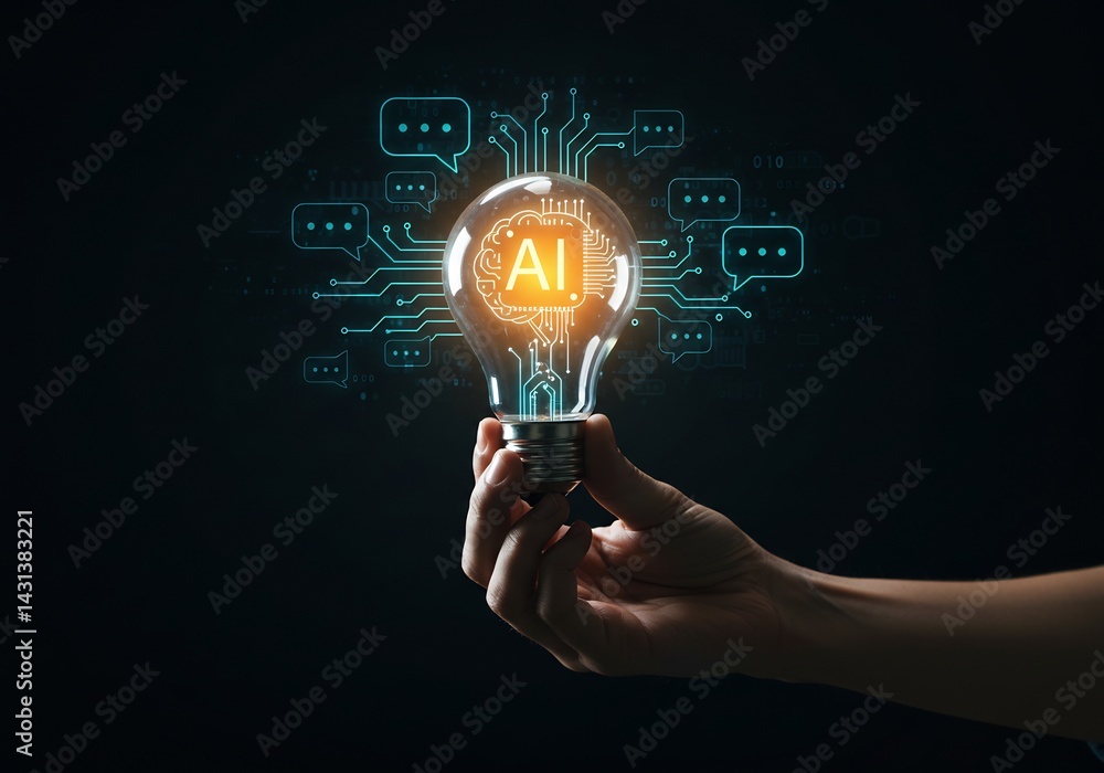 Hand Holding Glowing Light Bulb with AI Circuit Pattern Hand Holding Glowing Light Bulb with AI Circuit Pattern