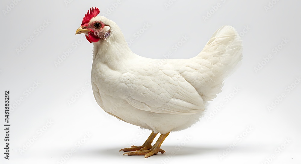 Fototapeta premium Elegant hen portrait, crisp white plumage against bright backdrop creates a stark visual