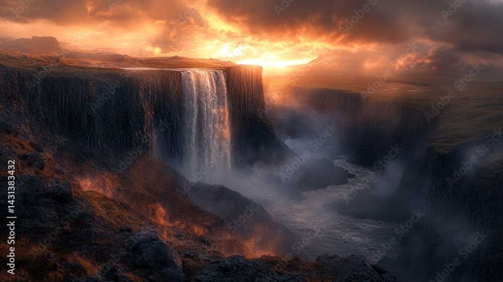 Fototapeta premium Dramatic waterfall cascading down cliffs at fiery sunset