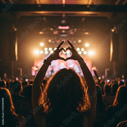 Heart-shaped hand gesture at a vibrant live concert