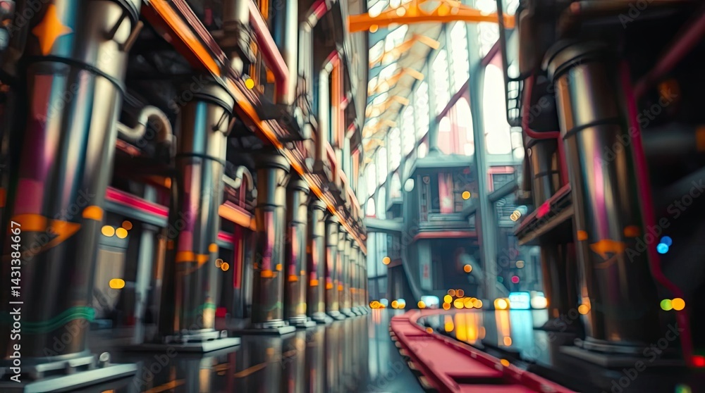 Fototapeta Colorful industrial interior perspective, showcasing pipes and structure.
