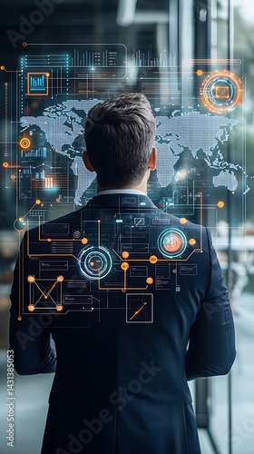 Businessman focused on global digital interface.  A modern businessman contemplates a holographic projection of global data, displaying various interconnected elements like maps and charts