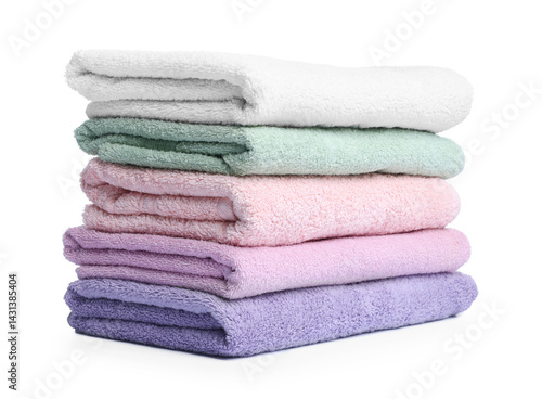 Stack of clean towels isolated on white