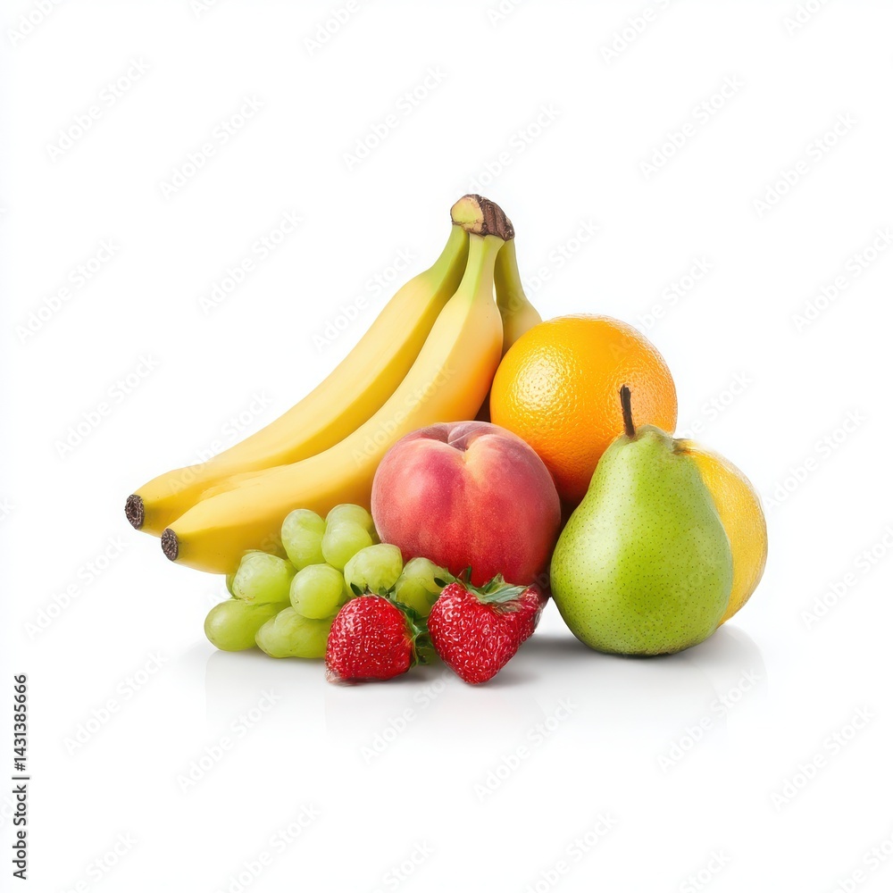 Assorted fresh fruits still life isolated on white background Assorted fresh fruits still life isolated on white background