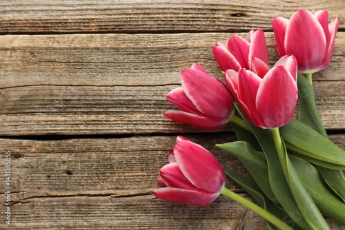 Beautiful tulips on wooden background, top view. Space for text