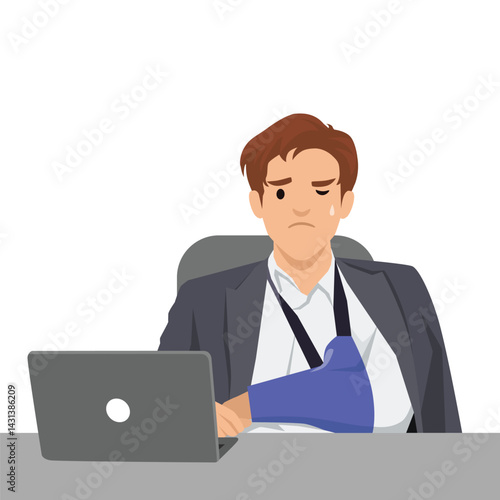 Businessman with a bandaged arm in a sling sits at his desk, showing signs of discomfort. Flat vector illustration isolated on white background