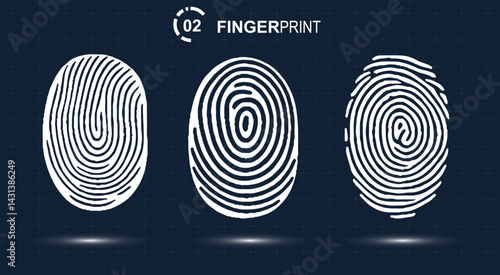 Thumbprints scanner. Criminal evidence. Identification sign. Unique biometric data icons vector set.