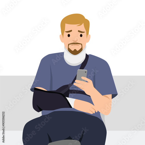 Man with a neck brace and arm sling sits on a bench, looking at his phone with a pained expression. Flat vector illustration isolated on white background