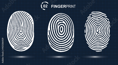 Thumbprints scanner. Criminal evidence. Identification sign. Unique biometric data icons vector set.