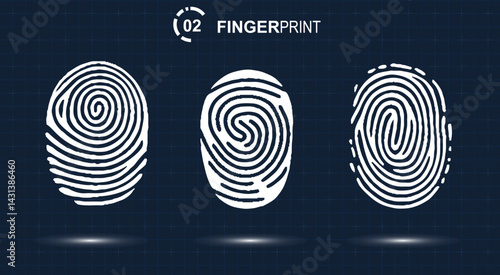 Thumbprints scanner. Criminal evidence. Identification sign. Unique biometric data icons vector set.