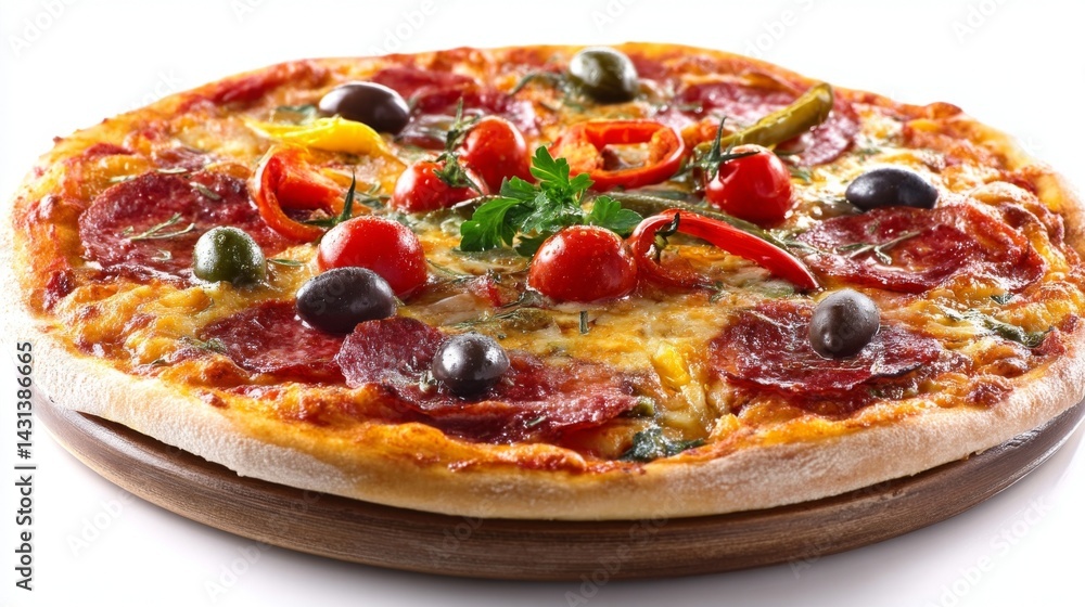 delicious salami and vegetable pizza on wooden board delicious salami and vegetable pizza on wooden board