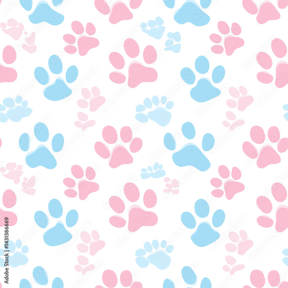 Fototapeta premium seamless pattern of cute dog paws, pastel colors, soft pink and light blue, minimalistic kawaii style, flat design, wallpaper, white background