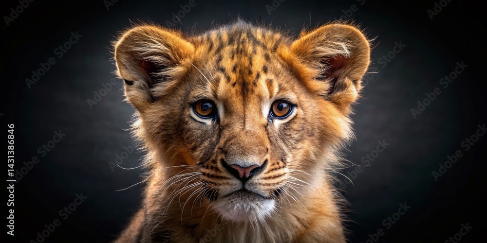 Fototapeta premium Adorable Lion Cub Macro Portrait, Isolated Black Background Wildlife Photography