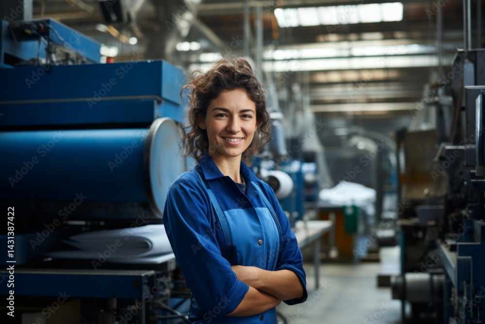 portrait of the female owner of a large printing factory smiling while on the machine floor portrait of the female owner of a large printing factory smiling while on the machine floor