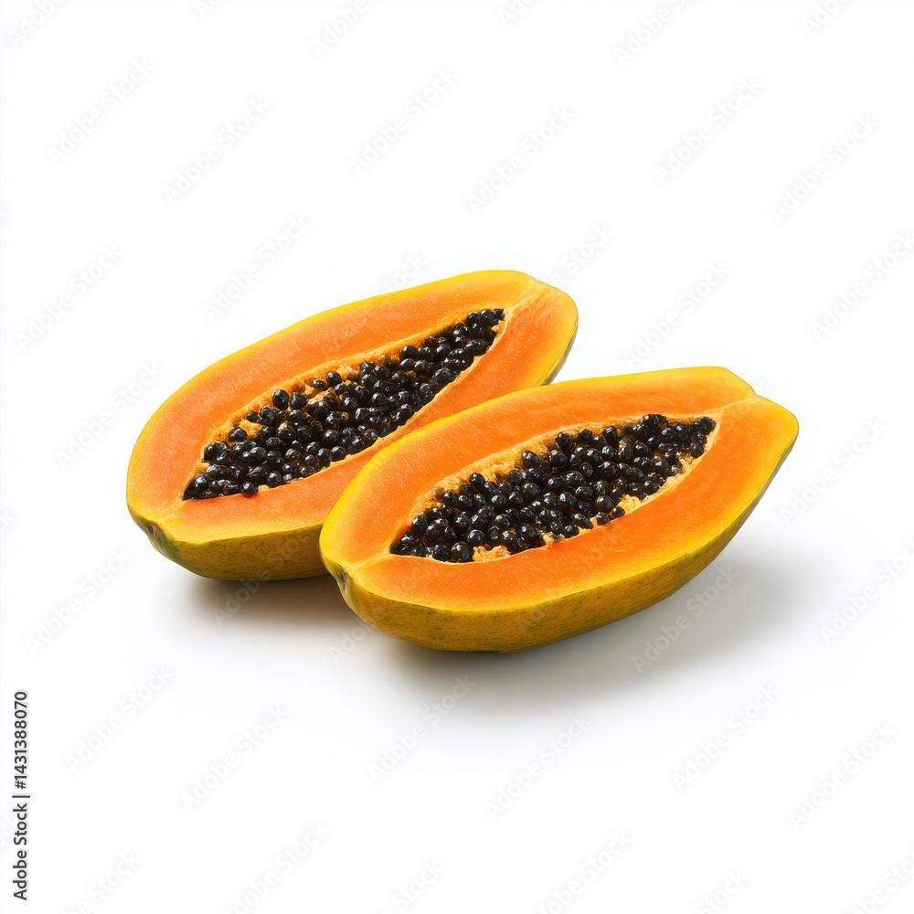 Halved papaya fruit halves isolated on white background Halved papaya fruit halves isolated on white background