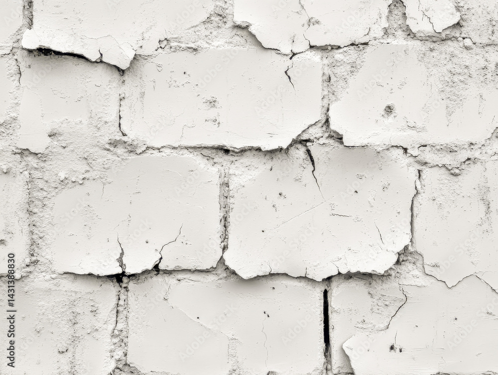 Fototapeta premium An aged brick wall, covered in peeling white plaster, presents a fascinating display of cracks and imperfections. This texture-rich background invites creativity and personalization for various uses