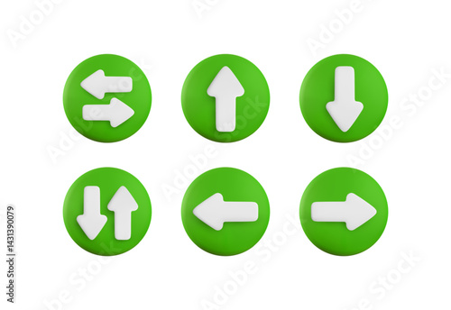 Vector cartoon 3d arrow button set. Cute realistic 3d up, down, left, right and oncoming direction white arrows sign on green circle. Navigation direction icon for infographic, web, app, game.