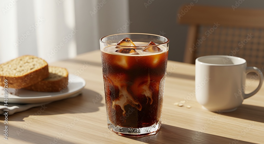 A glass of cold brew coffee with ice cubes and a splash of oat milk, minimalist morning table setting, summer sunrise lighting A glass of cold brew coffee with ice cubes and a splash of oat milk, minimalist morning table setting, summer sunrise lighting