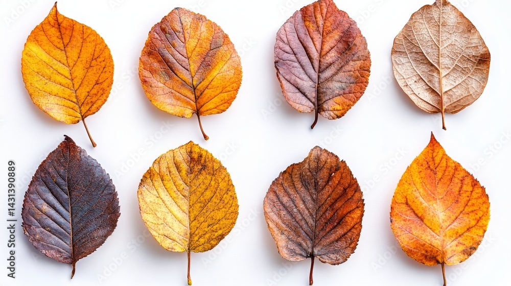 Obraz premium Autumn leaves in various colors arranged in grid pattern on white background.