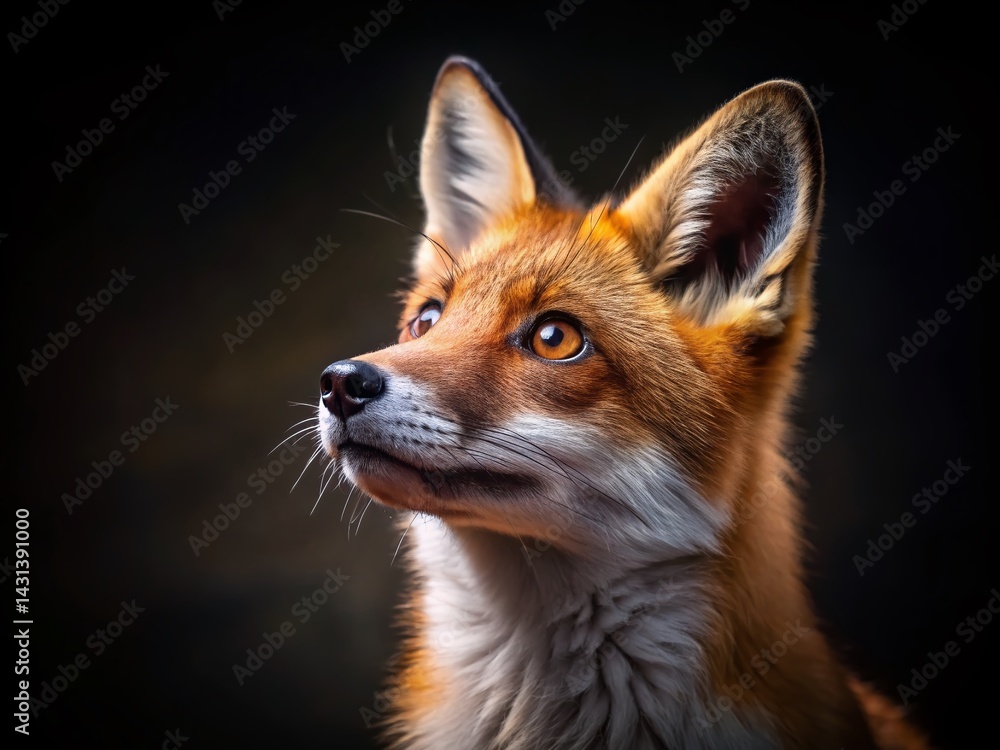 Fototapeta premium Adorable Red Fox Kit, Two Years Old, Side Profile, Night Photography, Isolated on White Background