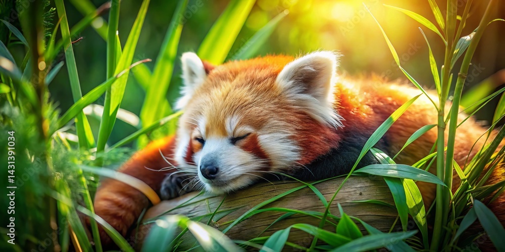 Adorable Red Panda Napping Peacefully in Lush Bamboo Forest - Wildlife Stock Photo Adorable Red Panda Napping Peacefully in Lush Bamboo Forest - Wildlife Stock Photo