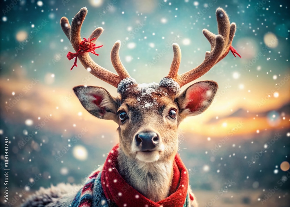 Adorable Reindeer in Festive Holiday Outfit, Snowfall Background Adorable Reindeer in Festive Holiday Outfit, Snowfall Background