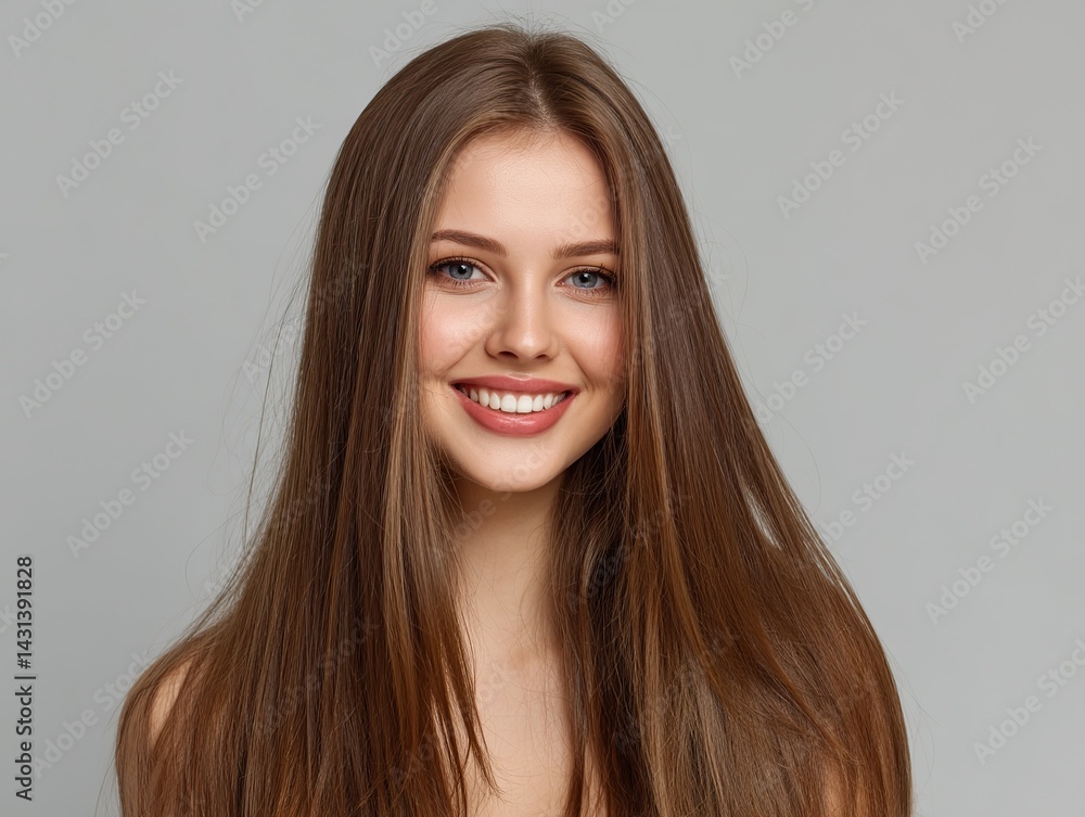 Fototapeta premium Beautiful smiling young woman with long straight hair posing on gray background in studio portrait, close-up shot for beauty and skin care concept, 4K ultra-realistic high-detail stock.