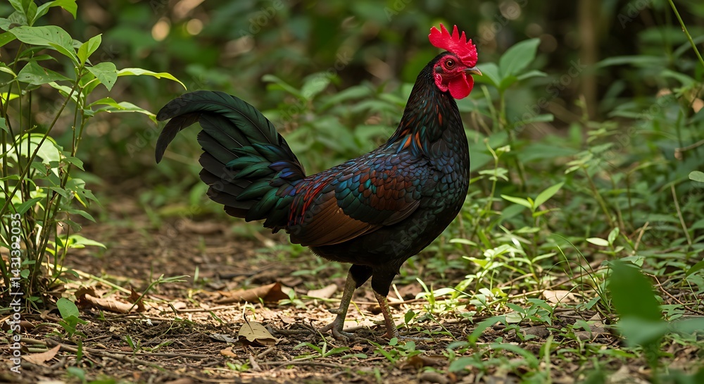 Fototapeta premium Majestic male junglefowl displaying its plumage in the verdant forest undergrowth