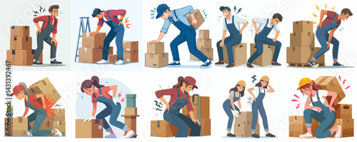 Back Pain from Lifting Boxes Illustration Set
