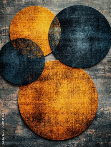 Abstract art with overlapping circles in yellow and blue on a textured background.