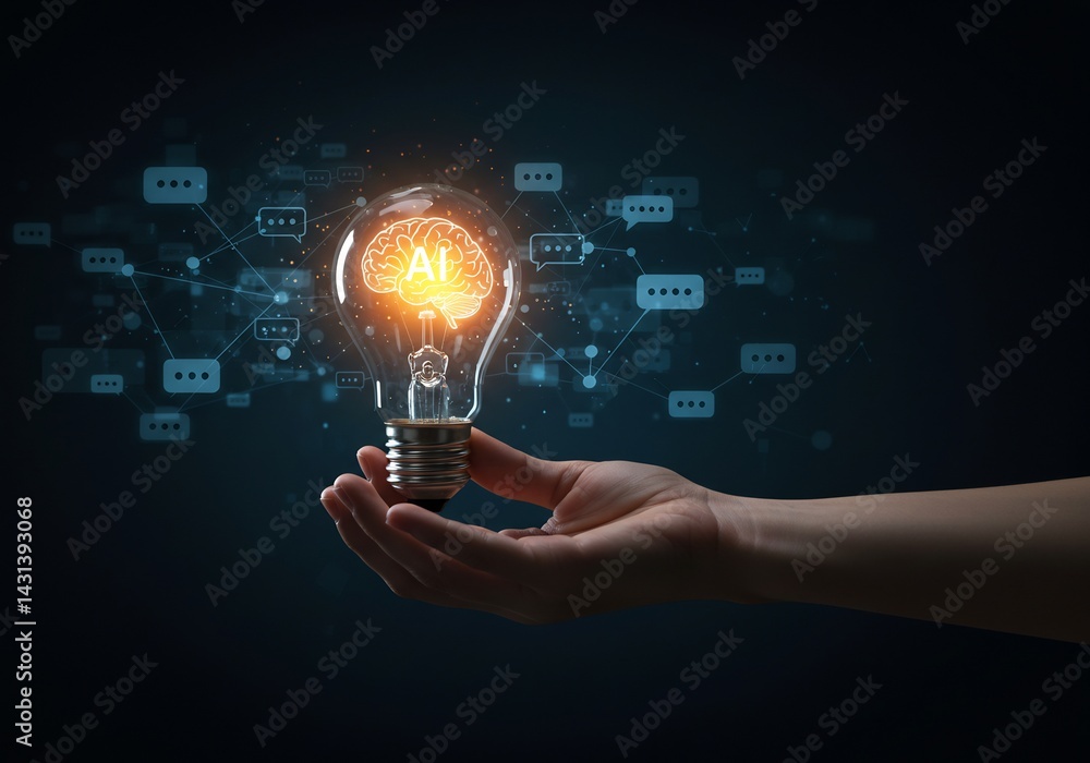 Hand Holding Illuminated Lightbulb with AI Symbol and Network Connections Hand Holding Illuminated Lightbulb with AI Symbol and Network Connections