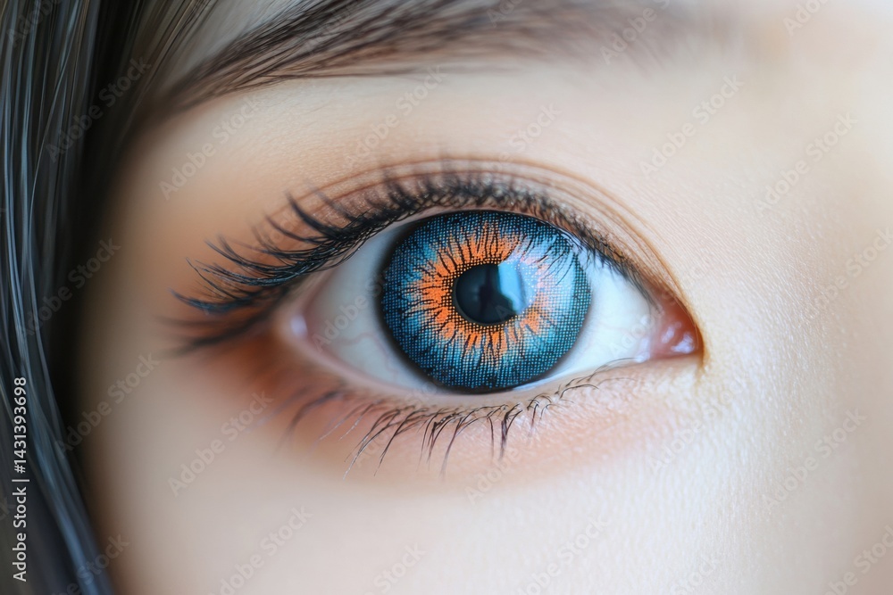 Close-up of female eye with vibrant blue and orange contact lens Close-up of female eye with vibrant blue and orange contact lens