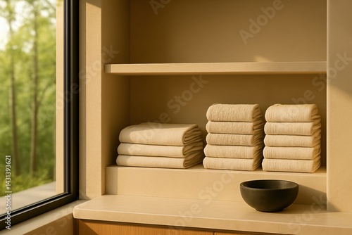 Neutral Linens and Towels with Soapstone Bowl in Spring Light