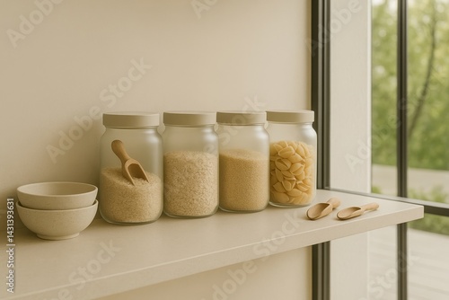 Quiet Pantry with Glass Storage Jars and Neutral Styling