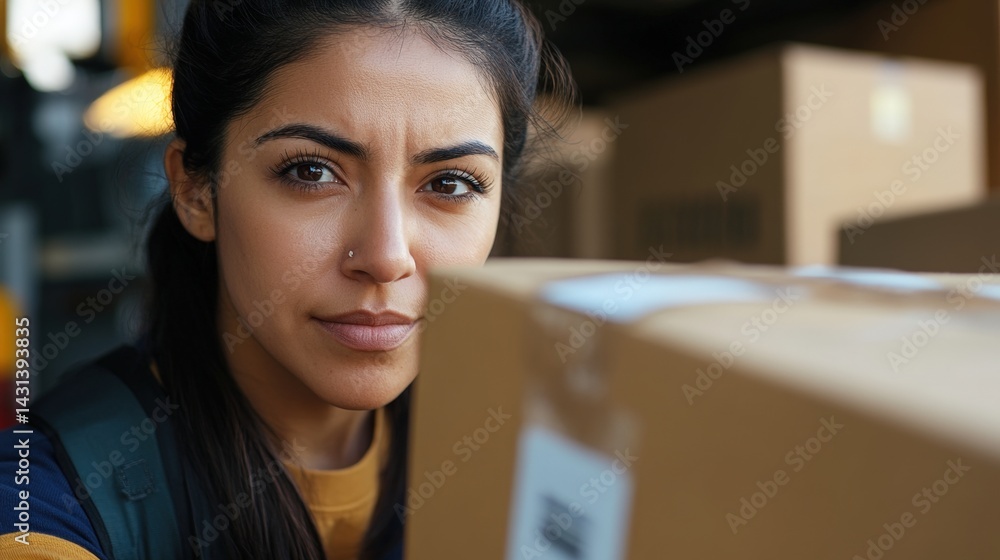 A Hispanic woman carefully inspecting packages before loading onto a delivery truck at a logistics center, highlighting her role in quality assurance and transportation workflow in modern commerce