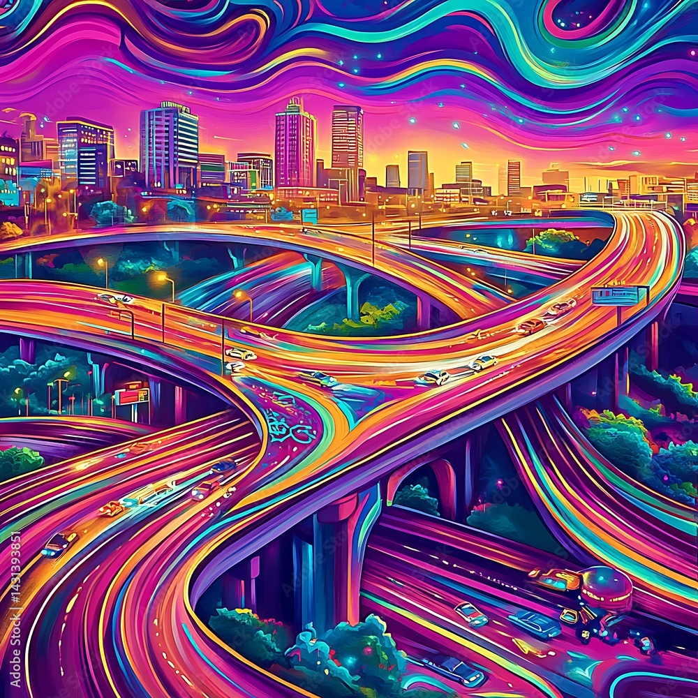 Vibrant Pixel Art City Highway Interchange at Night with Psychedelic Sunset Vibrant Pixel Art City Highway Interchange at Night with Psychedelic Sunset