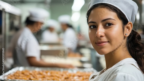 Obraz na płótnie Hispanic woman working in industrial food plant, focused on packaging ready-made meals with protective gear, surrounded by busy coworkers and conveyor system. Modern food industry workflow. w salonie