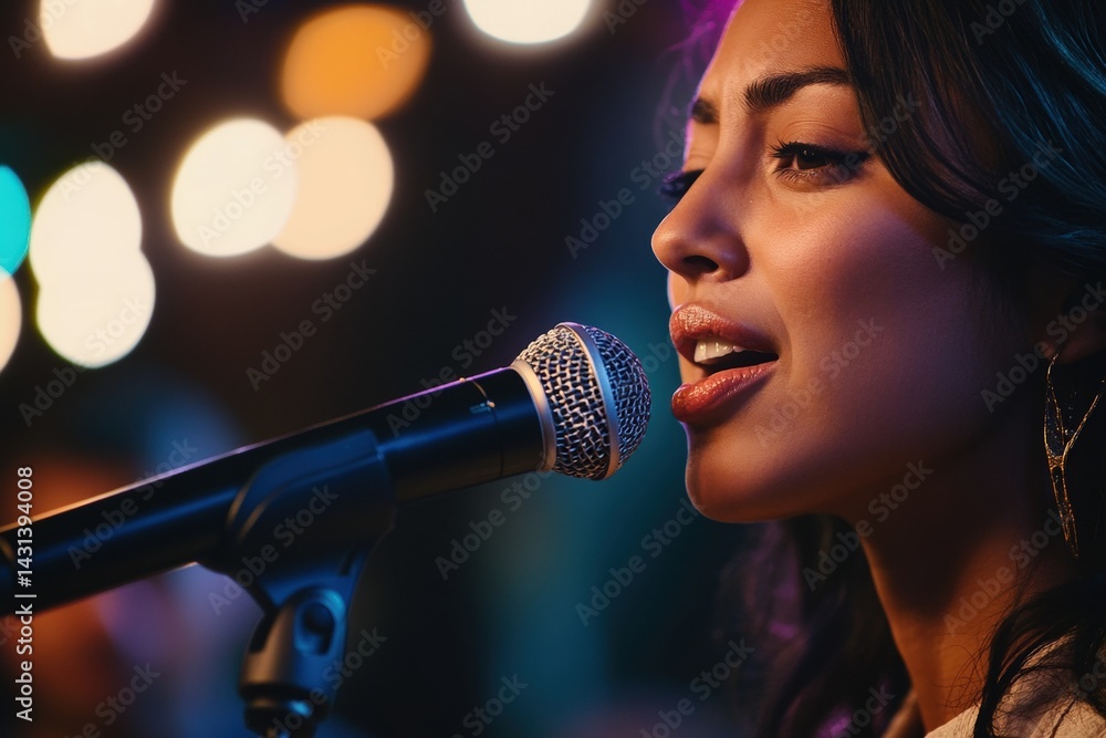 Hispanic woman passionately singing into a microphone under spotlight at a live concert. Latina performer on stage delivering a powerful vocal at a nighttime concert. Energy and beauty of live music.