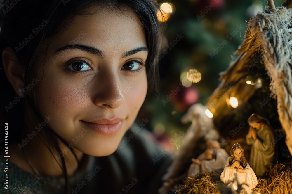 A Hispanic woman setting up a nativity scene during Christmas season at home, capturing a serene moment of spiritual devotion with warm lighting and symbolic holiday decorations in the background.