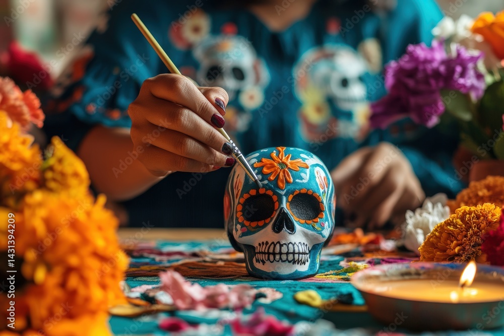 Hispanic woman artist painting decorative sugar skull. Dia de los Muertos preparation surrounded by traditional marigold flowers and glowing candles celebrating ancestral remembrance. Cultural art.