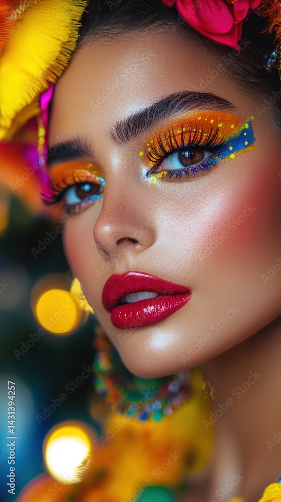 Close-up portrait of a Hispanic woman wearing vibrant traditional makeup with bold eye shadow and lip color, captured in soft lighting and blurred background to highlight beauty and culture
