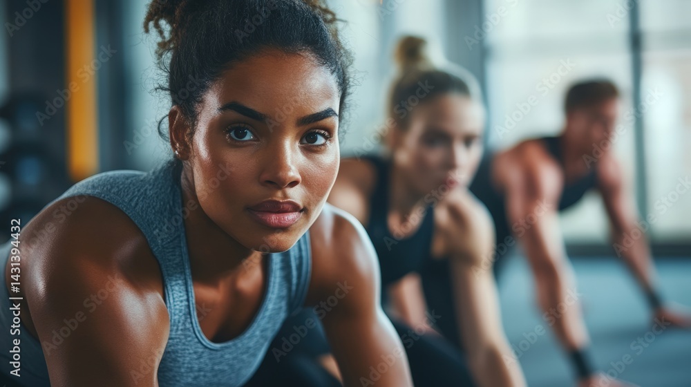 A close-up of diverse athletes training together at a modern gym, showcasing body types, unity, and strength in motion, reflecting inclusion, empowerment, and shared determination in fitness culture