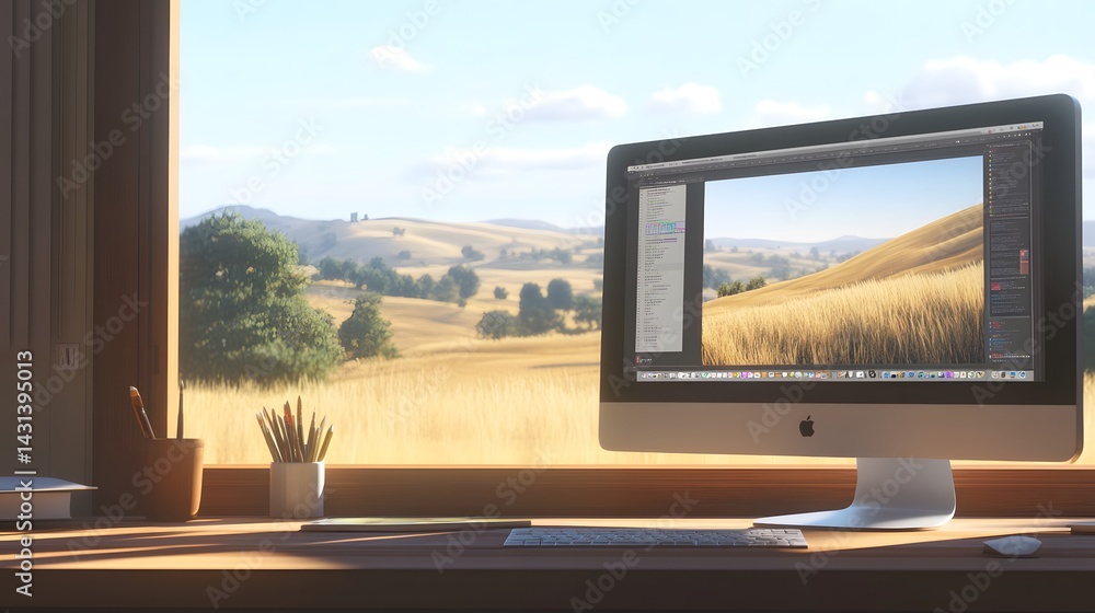 Fototapeta premium A sunlit workspace features an iMac displaying a landscape image.