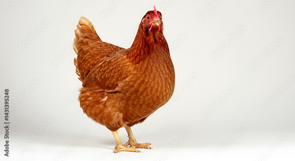 Fototapeta premium Portrait of a Brown Hen Standing on a Clean White Background, Captivating Gaze